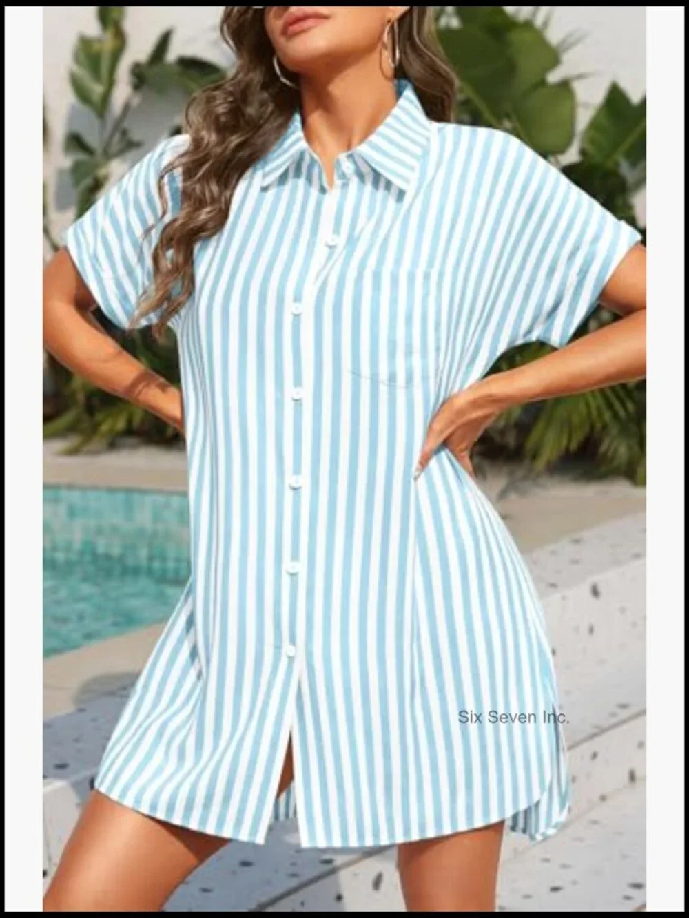 Button Down Swimsuit Cover Up Striped Beach Dress Short Sleeve Lyocell Cotton - Picture 5 of 7